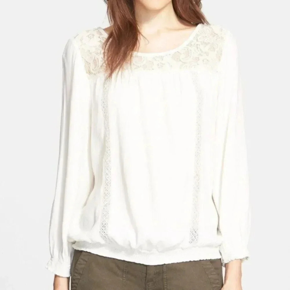 JOIE Kulani Porcelain White Lace Yoke‎ Blouse Top Size Small Lightweight Neutral